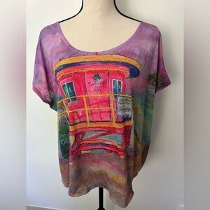 Leoma Lovegrove Tshirt Womens Lifeguard Beach Print Artwork Multi  Color XXL EUC